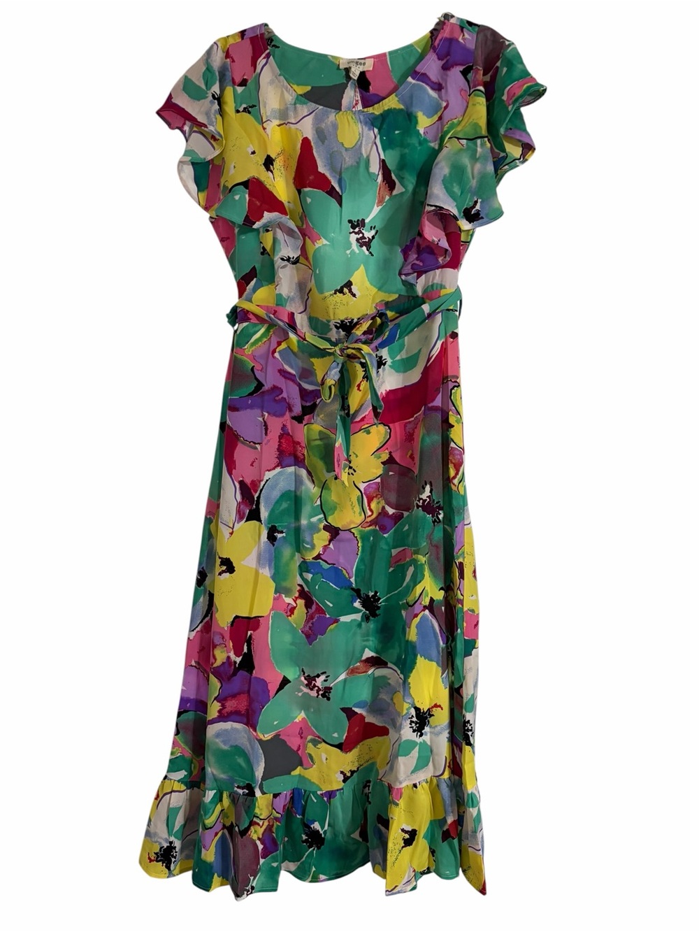 Umgee Green Multicolor Floral Midi Dress with Tie Waist